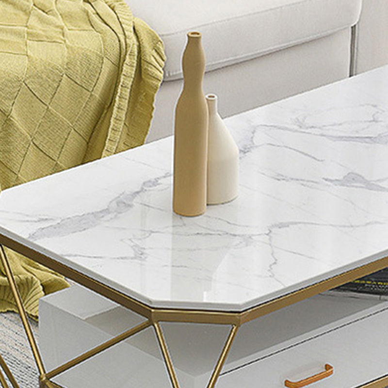 Glam Coffee Table with Glass/Marble Top and 2 Drawers and Iron Base