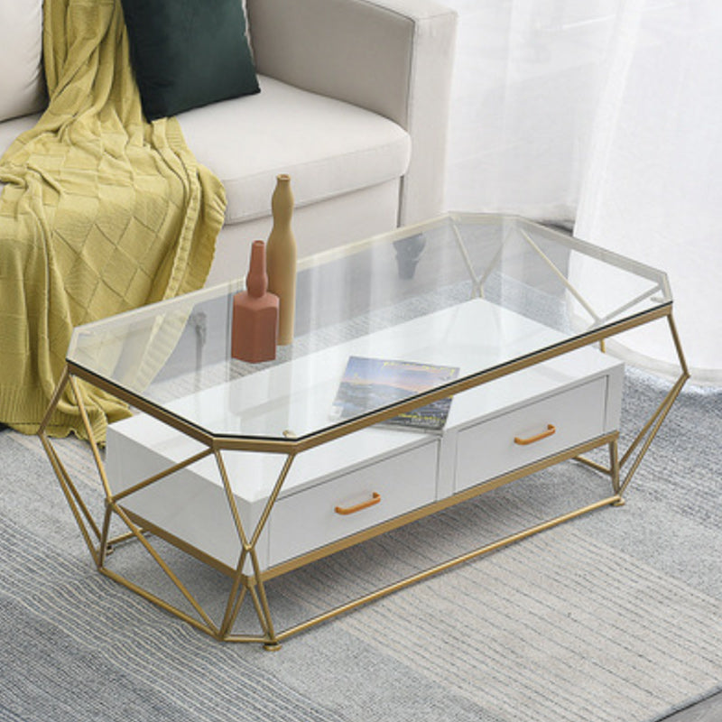 Glam Coffee Table with Glass/Marble Top and 2 Drawers and Iron Base