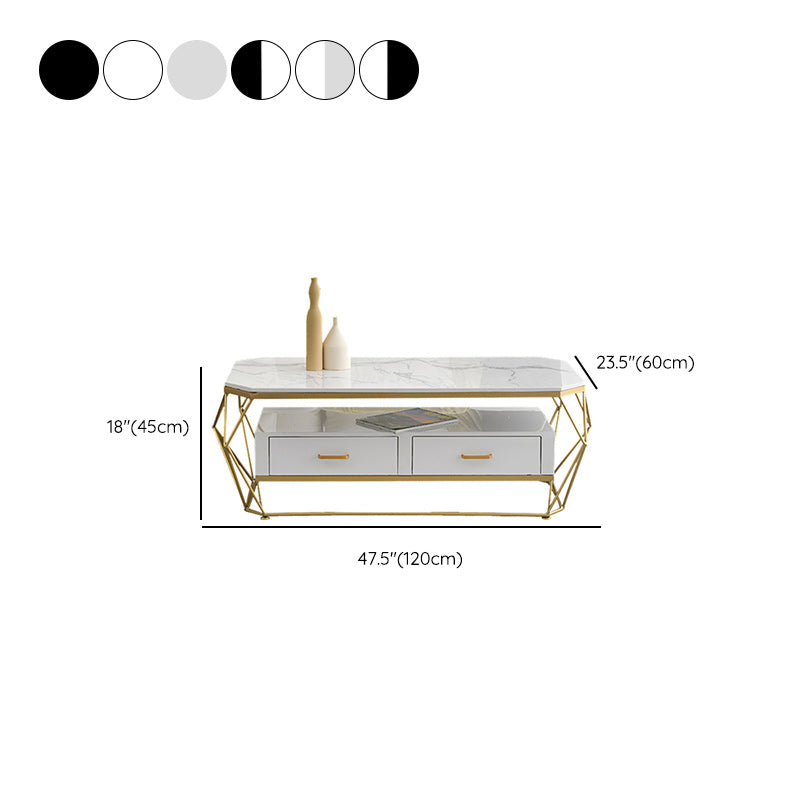 Glam Coffee Table with Glass/Marble Top and 2 Drawers and Iron Base