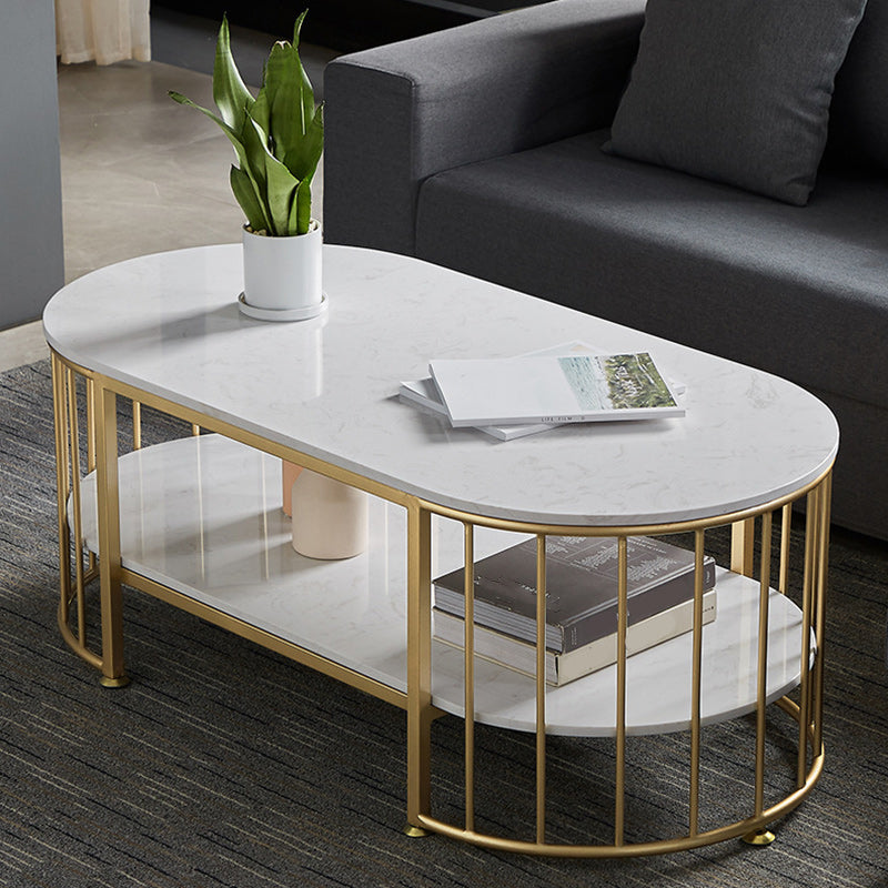 Glam Oval Marble Coffee Table 17.7"H Steel Sled Cocktail Table with Shelf