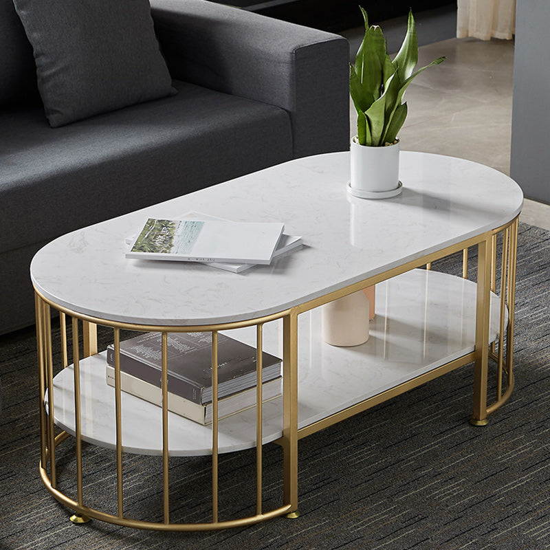 Glam Oval Marble Coffee Table 17.7"H Steel Sled Cocktail Table with Shelf