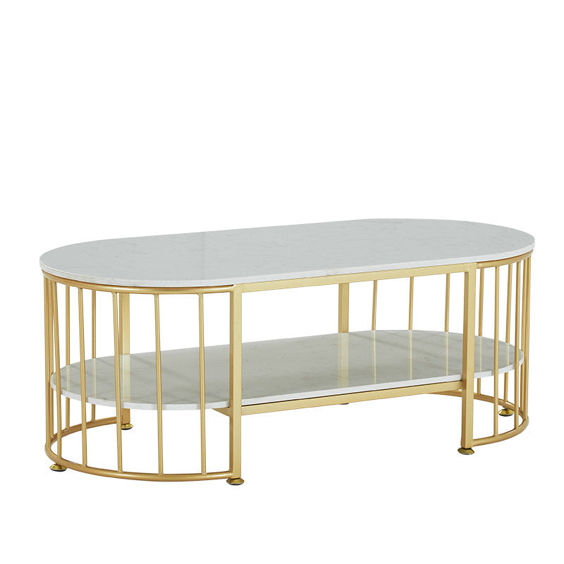 Glam Oval Marble Coffee Table 17.7"H Steel Sled Cocktail Table with Shelf