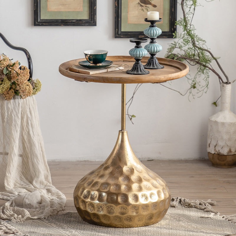 Round Wood Distressed Coffee Table Metal Pedestal Cocktail Table