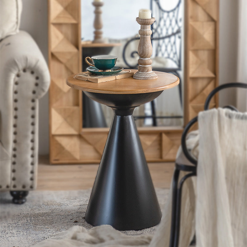 Round Wood Distressed Coffee Table Metal Pedestal Cocktail Table