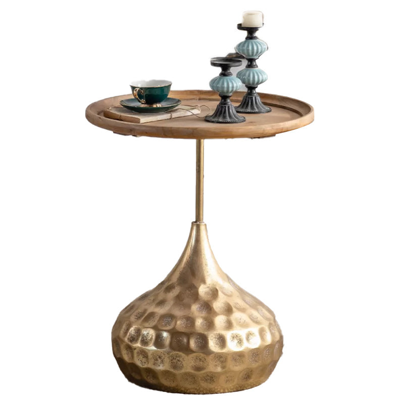 Round Wood Distressed Coffee Table Metal Pedestal Cocktail Table