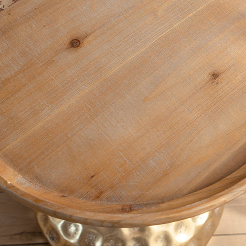 Round Wood Distressed Coffee Table Metal Pedestal Cocktail Table