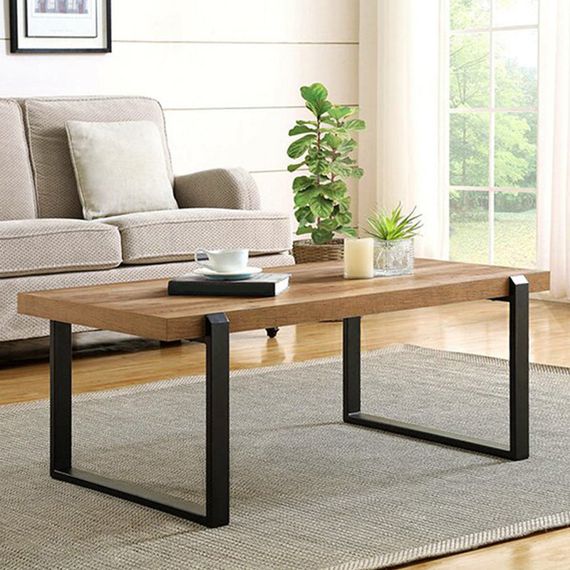 Scandinavian Coffee Table with Rectangle Solid Wood Top and Iron Sled Base
