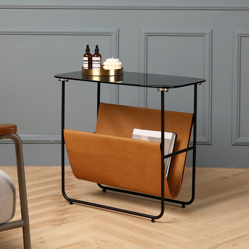 Rectangular Glass Top End Table Modern 23.22" Tall Storage Side Table