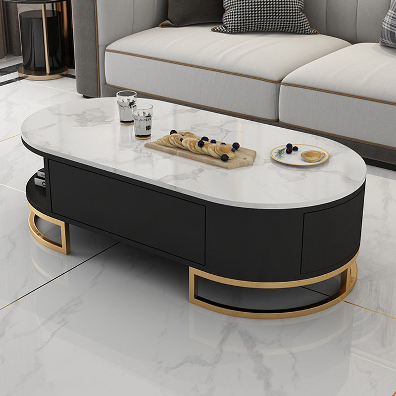 White Glam Pedestal Base Coffee Table with Stone Top and Metal Base