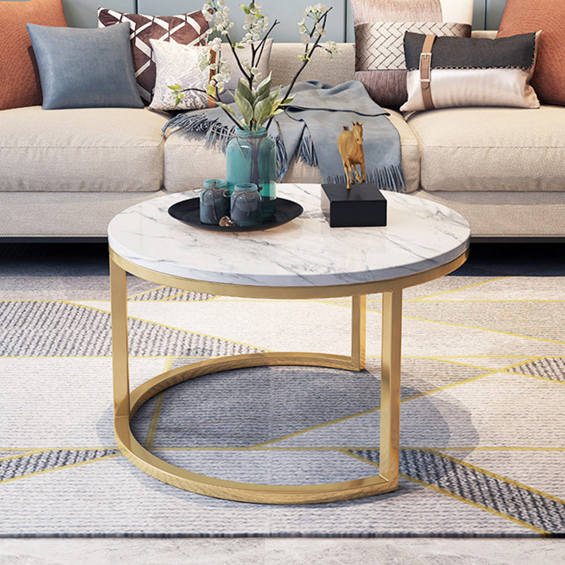 White Glam Pedestal Base Coffee Table with Stone Top and Metal Base