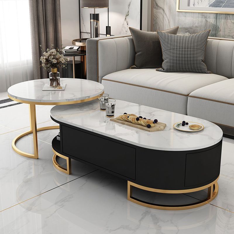 White Glam Pedestal Base Coffee Table with Stone Top and Metal Base