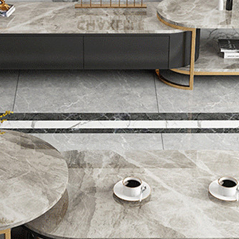 White Glam Pedestal Base Coffee Table with Stone Top and Metal Base