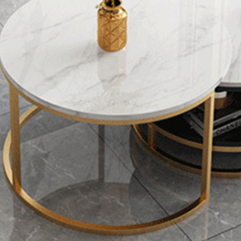 White Glam Pedestal Base Coffee Table with Stone Top and Metal Base