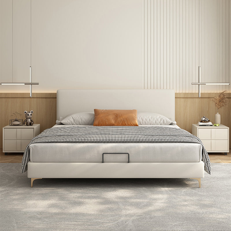 Wood and Upholstered Standard Bed with Headboard Panel Bed in Beige