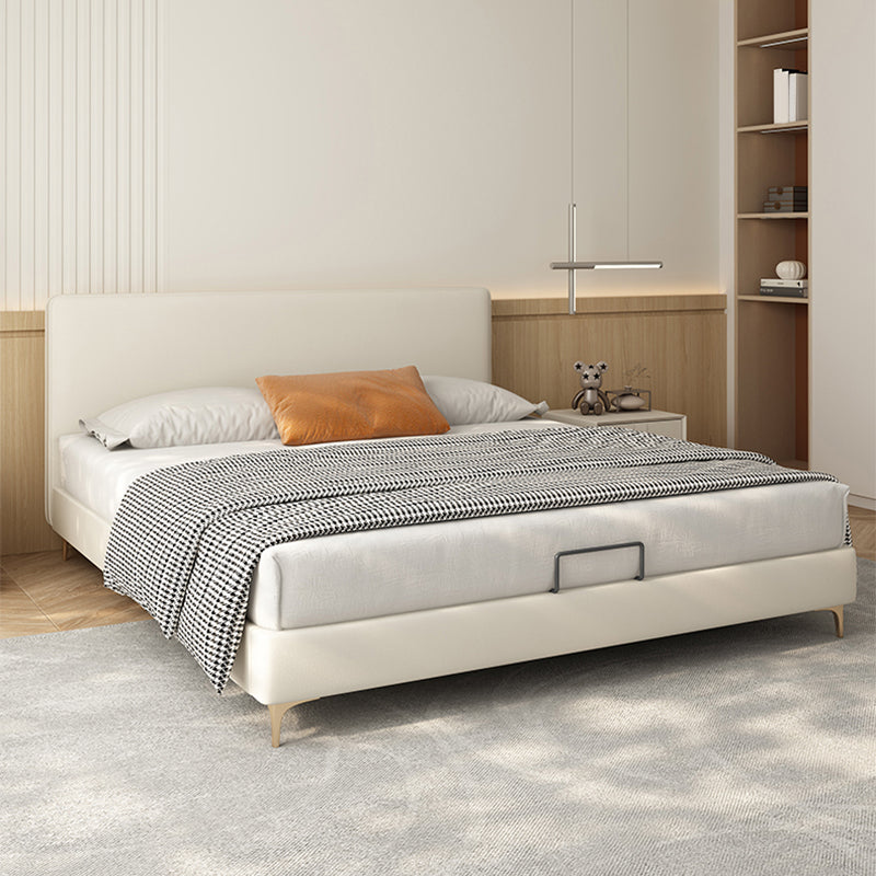 Wood and Upholstered Standard Bed with Headboard Panel Bed in Beige