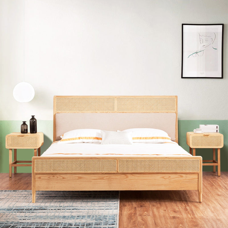 Natural Solid Wood Panel Bed Upholstered Bed Frame with Rattan Accent