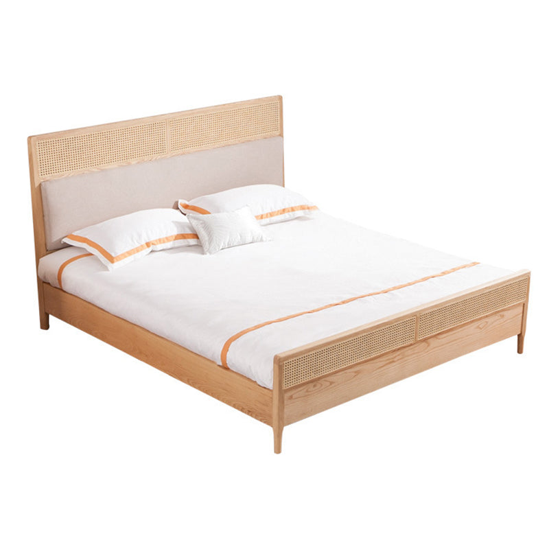 Natural Solid Wood Panel Bed Upholstered Bed Frame with Rattan Accent