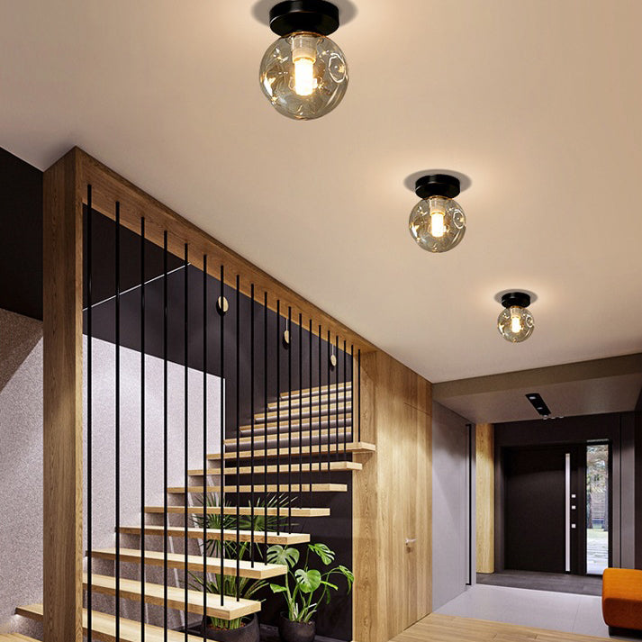 Sphere Shape Flush Light Modern Style Glass 1 Light Flush Ceiling Light in Black / Amber