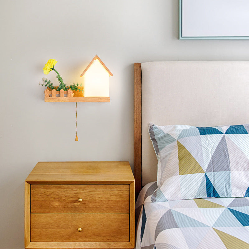 Modern Style House Shade Wall Light Wood 1 Light Sconces for Bedroom without Plant