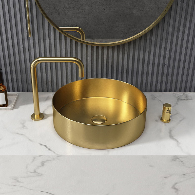 Modern Vessel Sink Round Metal with Basin and Faucet Vessel Lavatory Sink