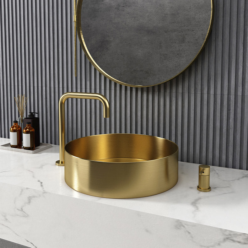 Modern Vessel Sink Round Metal with Basin and Faucet Vessel Lavatory Sink