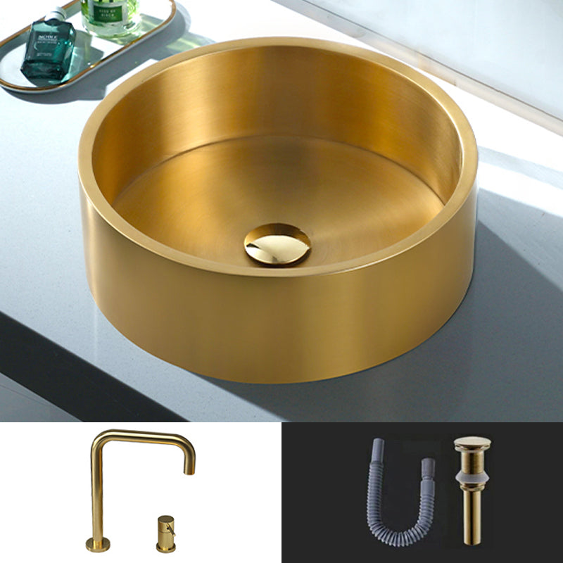 Modern Vessel Sink Round Metal with Basin and Faucet Vessel Lavatory Sink