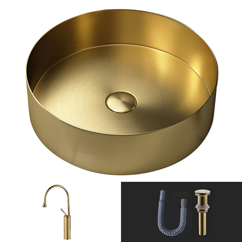 Modern Vessel Bathroom Sink Round Metal with Pop-Up Drain Vessel Lavatory Sink