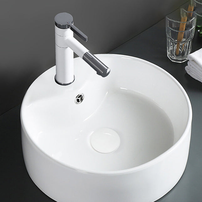 Modern Vessel Bathroom Sink Round Porcelain with Overflow Vessel Lavatory Sink