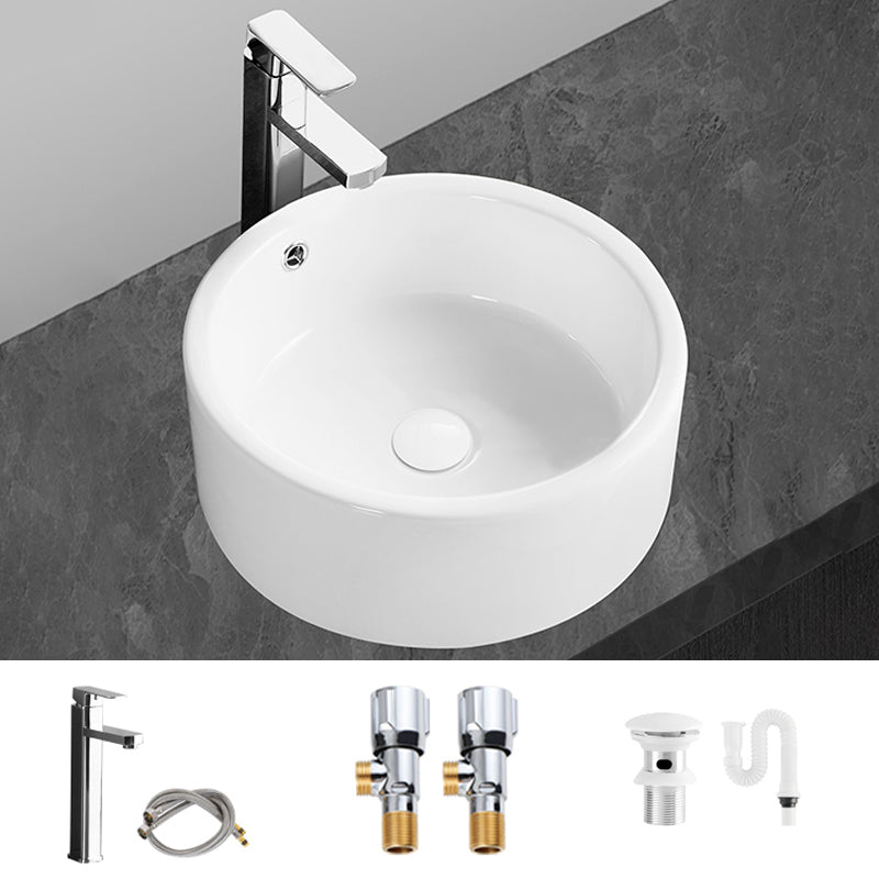 Modern Vessel Bathroom Sink Round Porcelain with Overflow Vessel Lavatory Sink