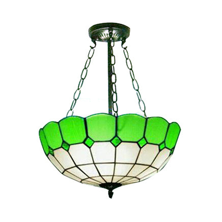 Plafonnier bol vintage en verre teinté, 2/3 lumières, montage semi-encastré en vert pour le salon