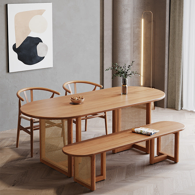 Modern Solid Wood Dining Table Rattan Pedestal Dining Table for Dining Room