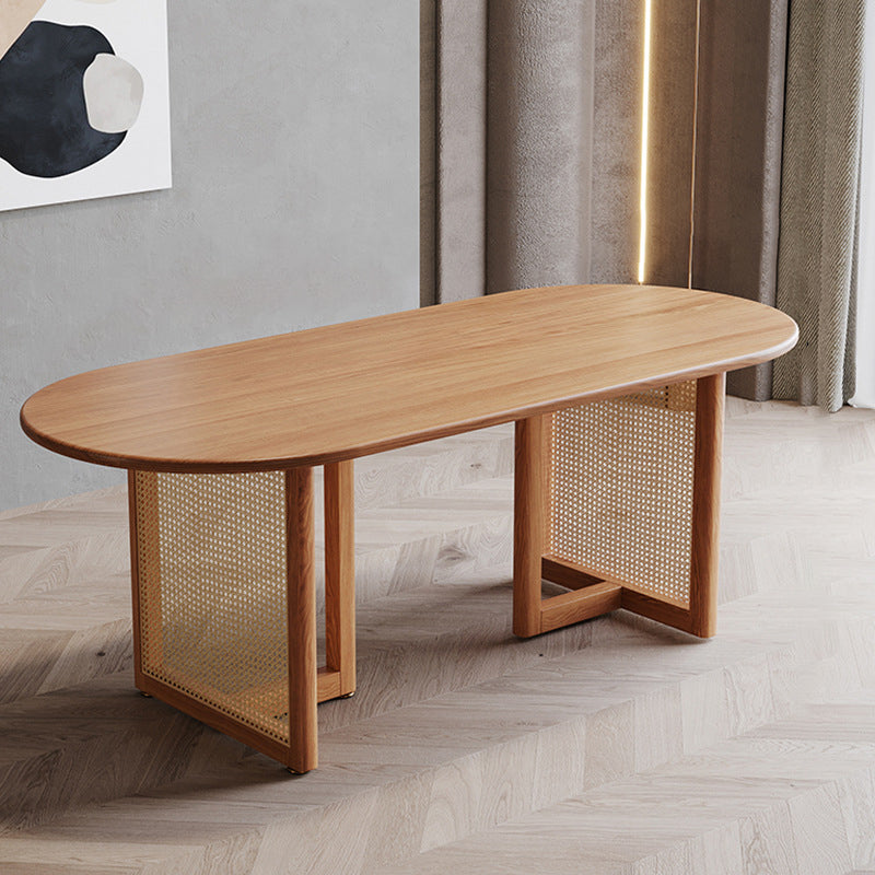 Modern Solid Wood Dining Table Rattan Pedestal Dining Table for Dining Room