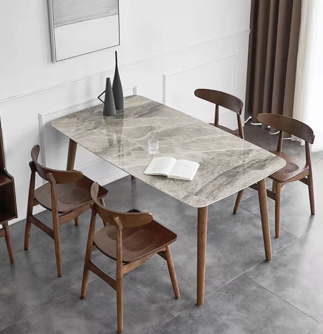 Glossy Gray Stone Top Dinette Table with Wooden Frame Mid-Century Dining Table for Home