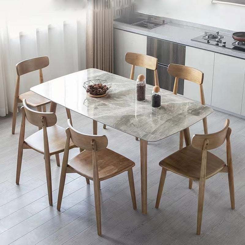 Glossy Gray Stone Top Dinette Table with Wooden Frame Mid-Century Dining Table for Home