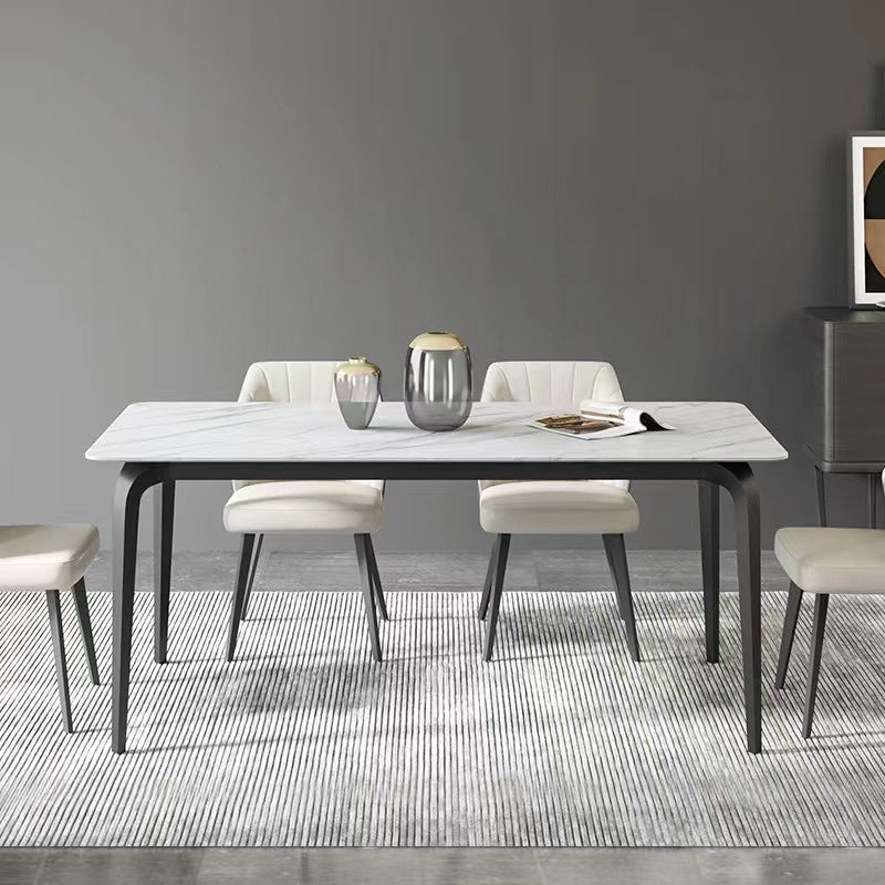 Industrial Rectangle Dining Table White Stone Top Table with Black Metal Legs