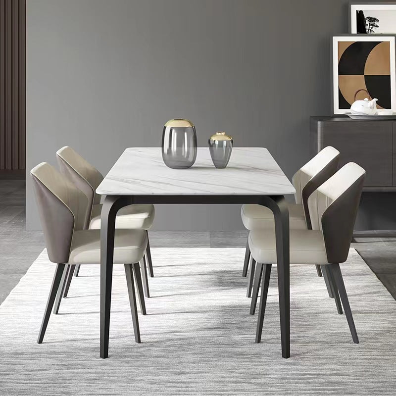 Industrial Rectangle Dining Table White Stone Top Table with Black Metal Legs