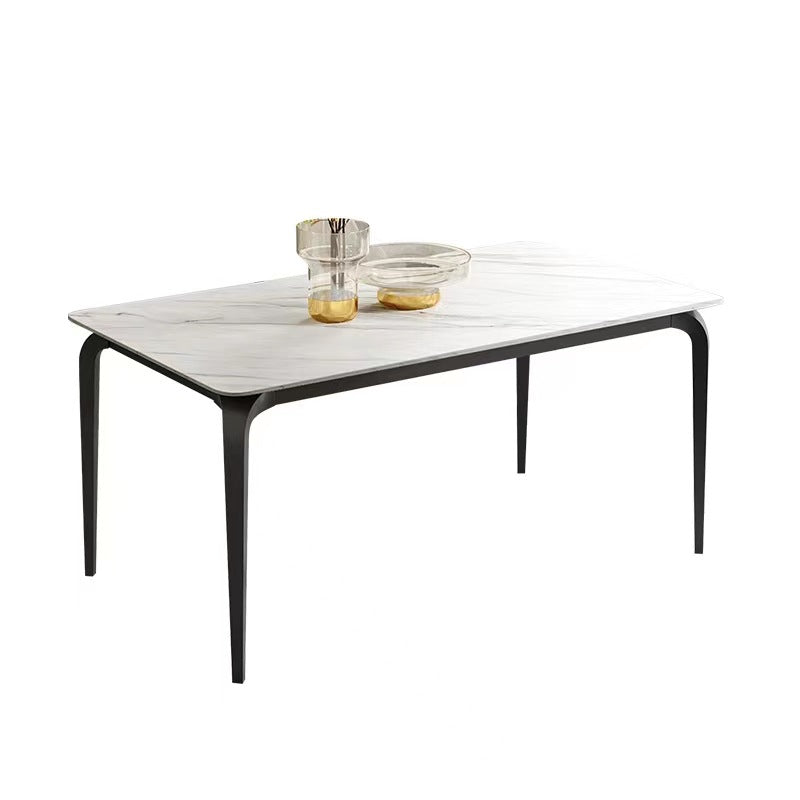 Industrial Rectangle Dining Table White Stone Top Table with Black Metal Legs