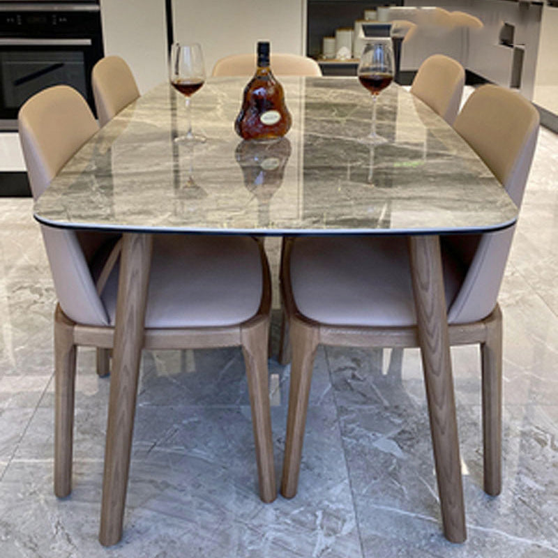 Gray Stone Top Table with Ash Wood Frame Modern Dining Table for Home