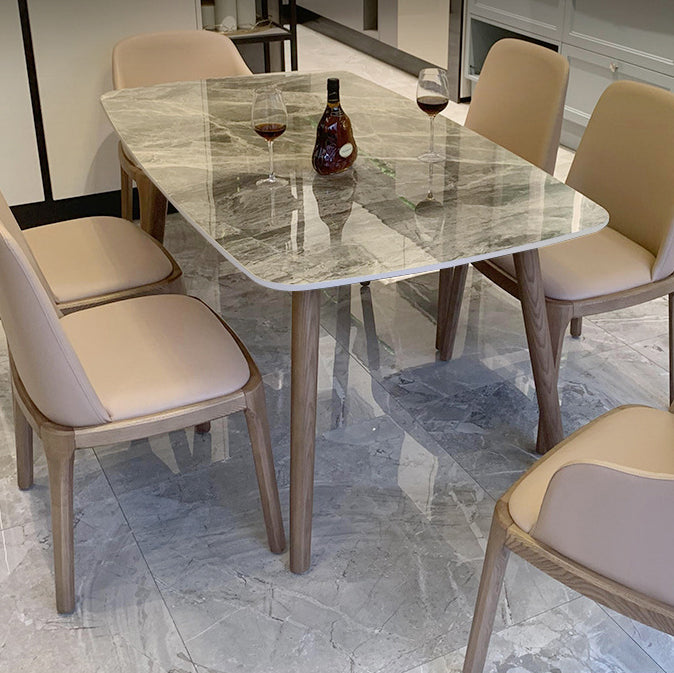 Gray Stone Top Table with Ash Wood Frame Modern Dining Table for Home