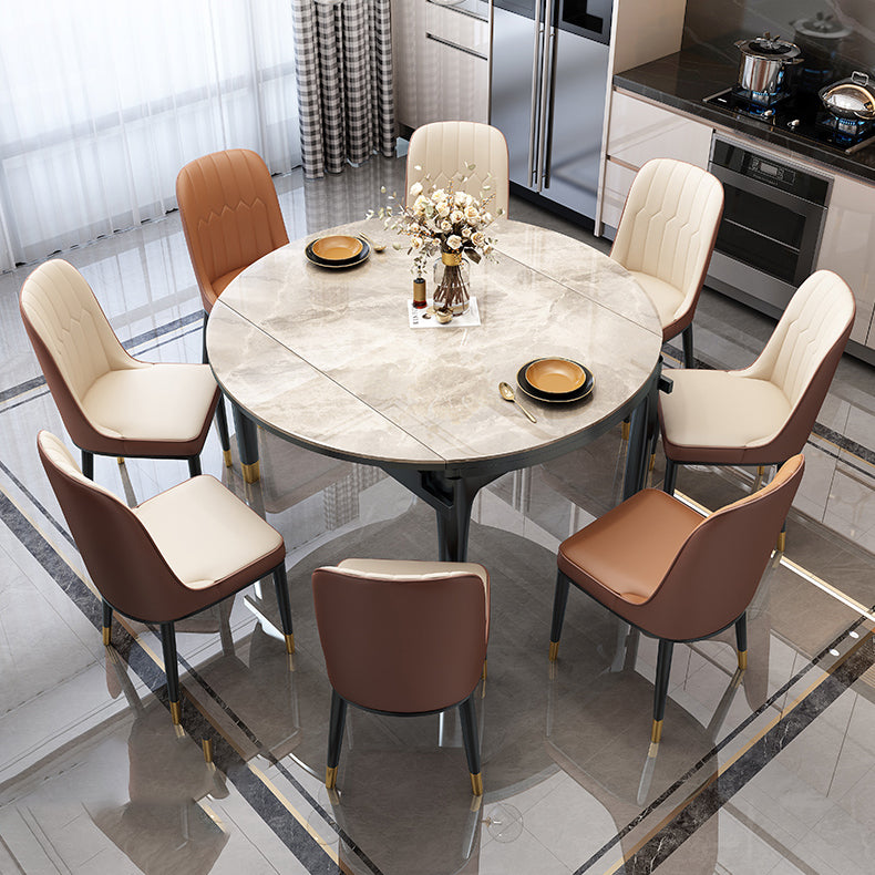 Round Extendable Dining Table Modern Stone Dining Table with Solid Wood Base