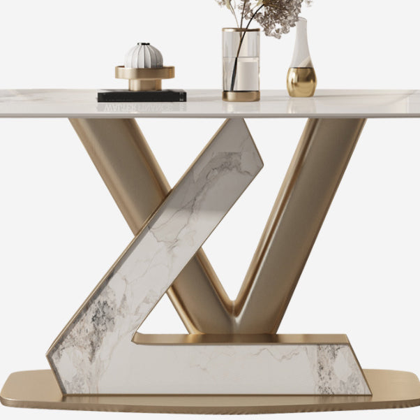 Glam Rectangle Dining Table Sintered Stone Table with Metal Legs for Kitchen
