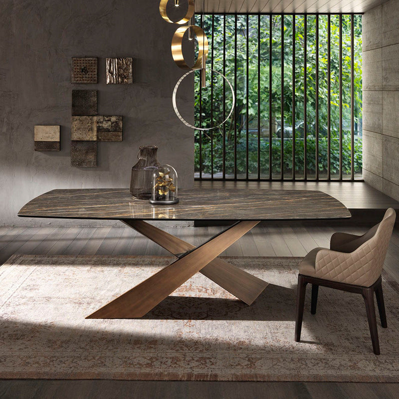 Contemporary Style Rectangle Dining Table Sintered Stone Table with Metal Legs for Kitchen