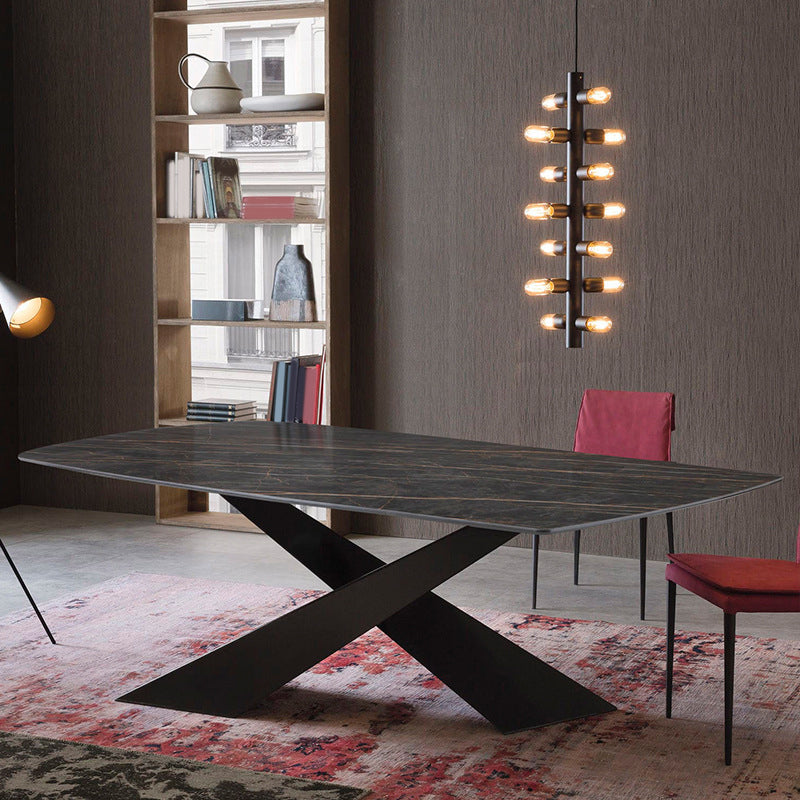 Contemporary Style Rectangle Dining Table Sintered Stone Table with Metal Legs for Kitchen