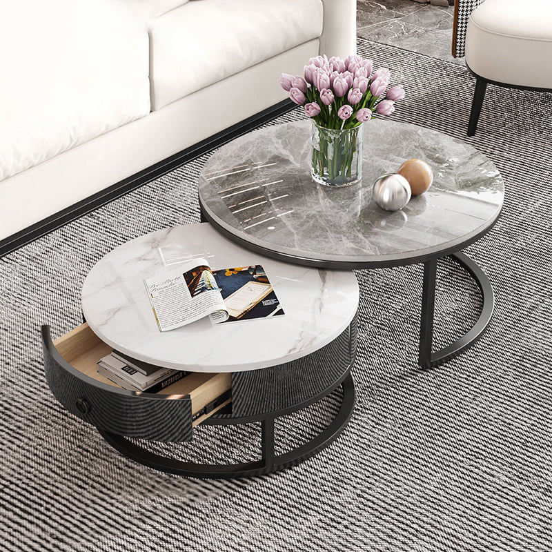 Slate Coffee Cocktail Table Round Coffee Table Set with Drawer