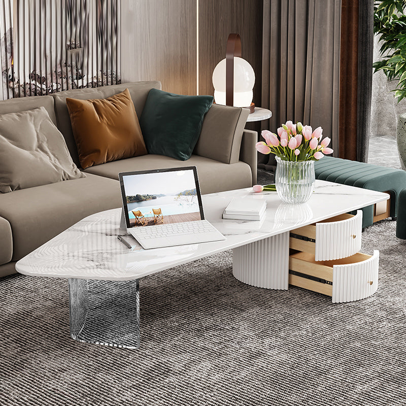 Modern Free Form Slate Cocktail Table 2 Drawers Coffee Table in White