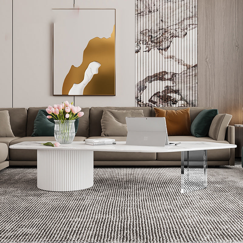 Modern Free Form Slate Cocktail Table 2 Drawers Coffee Table in White