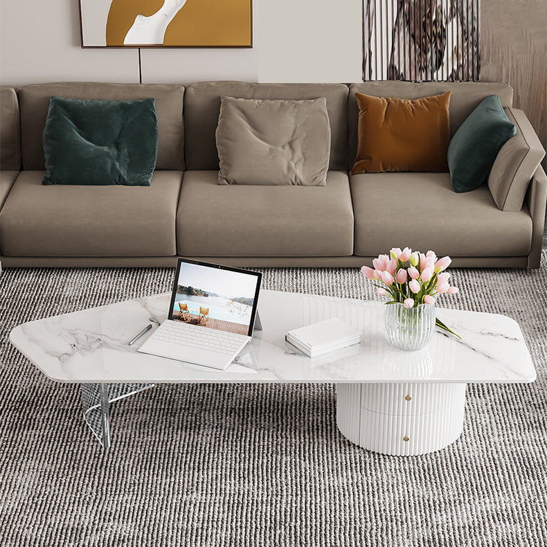 Modern Free Form Slate Cocktail Table 2 Drawers Coffee Table in White