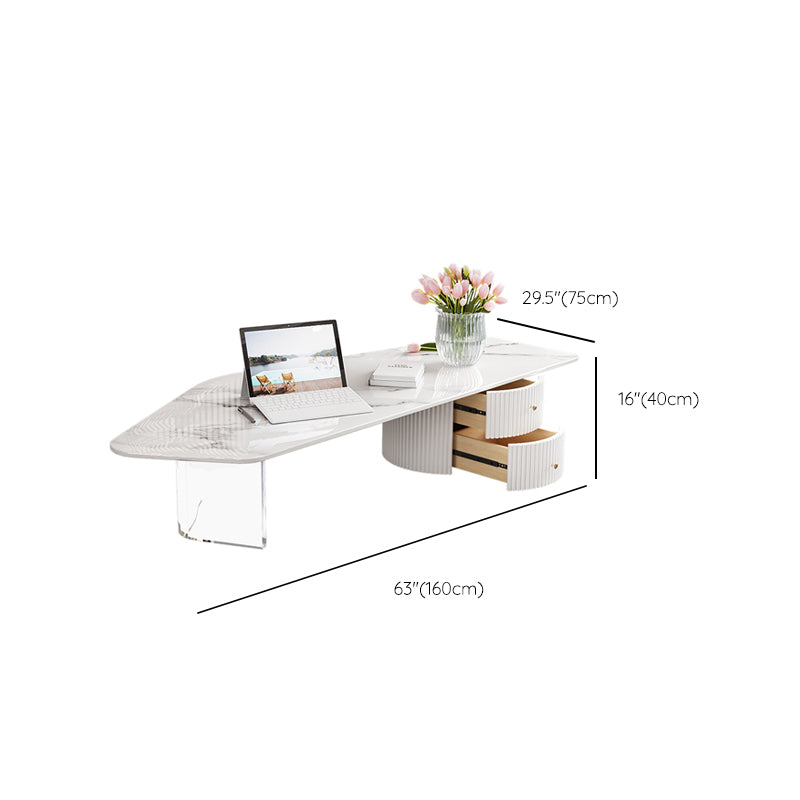 Modern Free Form Slate Cocktail Table 2 Drawers Coffee Table in White