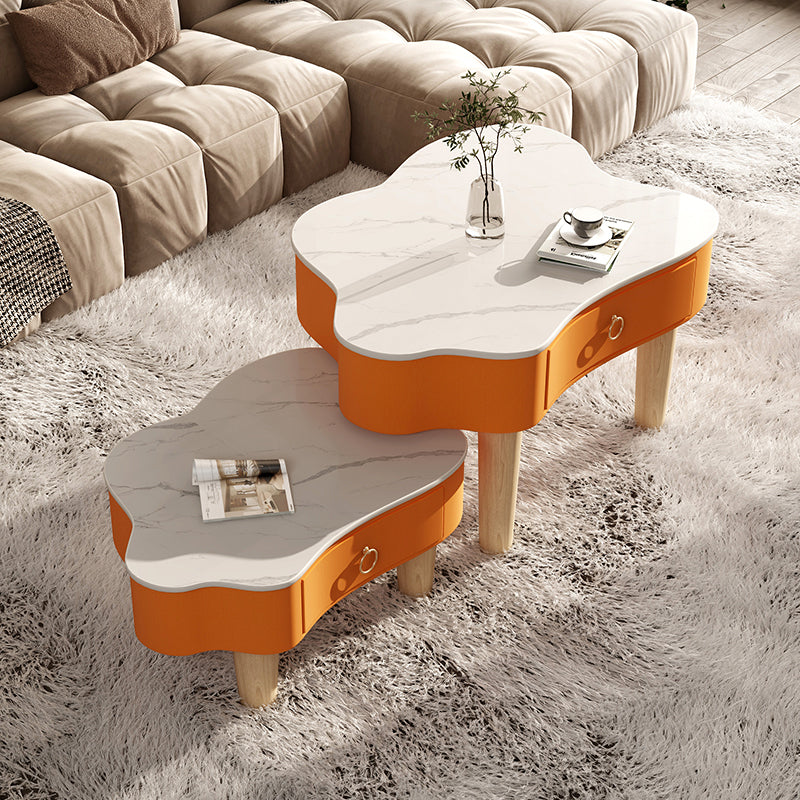 Modern Free Form Slate Cocktail Table Wood 4 Legs Coffee Table with Drawers
