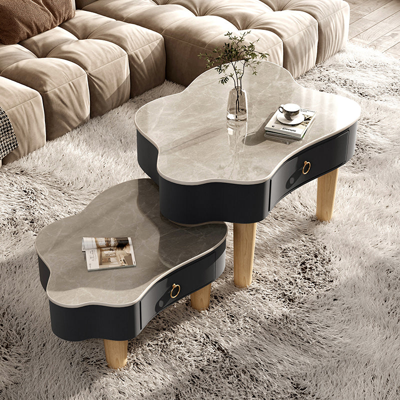 Modern Free Form Slate Cocktail Table Wood 4 Legs Coffee Table with Drawers